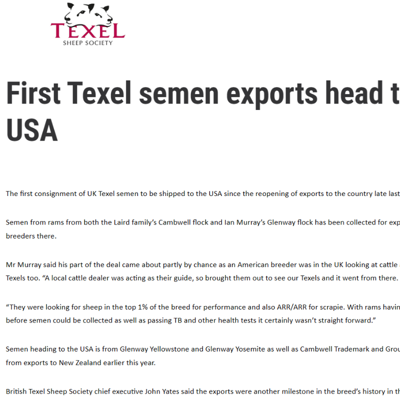 Texel Sheep Society - Texel Semen Export to USA