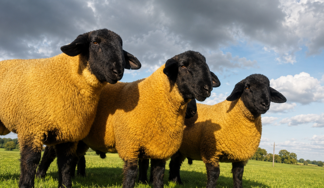 Three Suffolk rams in a field